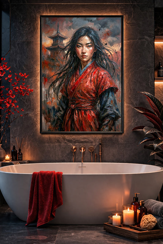 Gerahmtes asiatisch inspiriertes Wandbild über freistehender Badewanne, Frau in roter Robe mit dunkler Ölgemälde-Textur