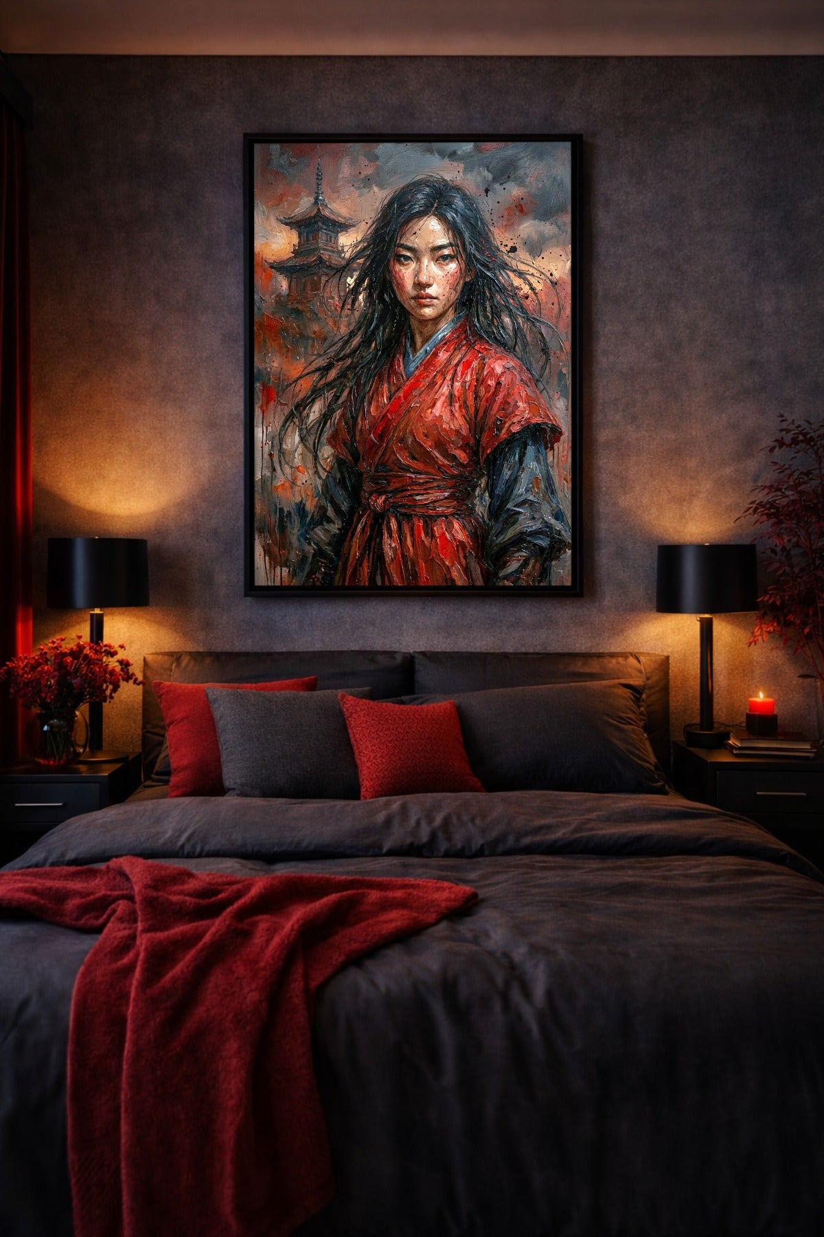 Digitales Poster mit Frau in roter Robe, dunklem Haar und fernöstlicher Pagode vor einer expressiven Himmelskulisse in Grau und Rot. Schlafzimmerdekoration