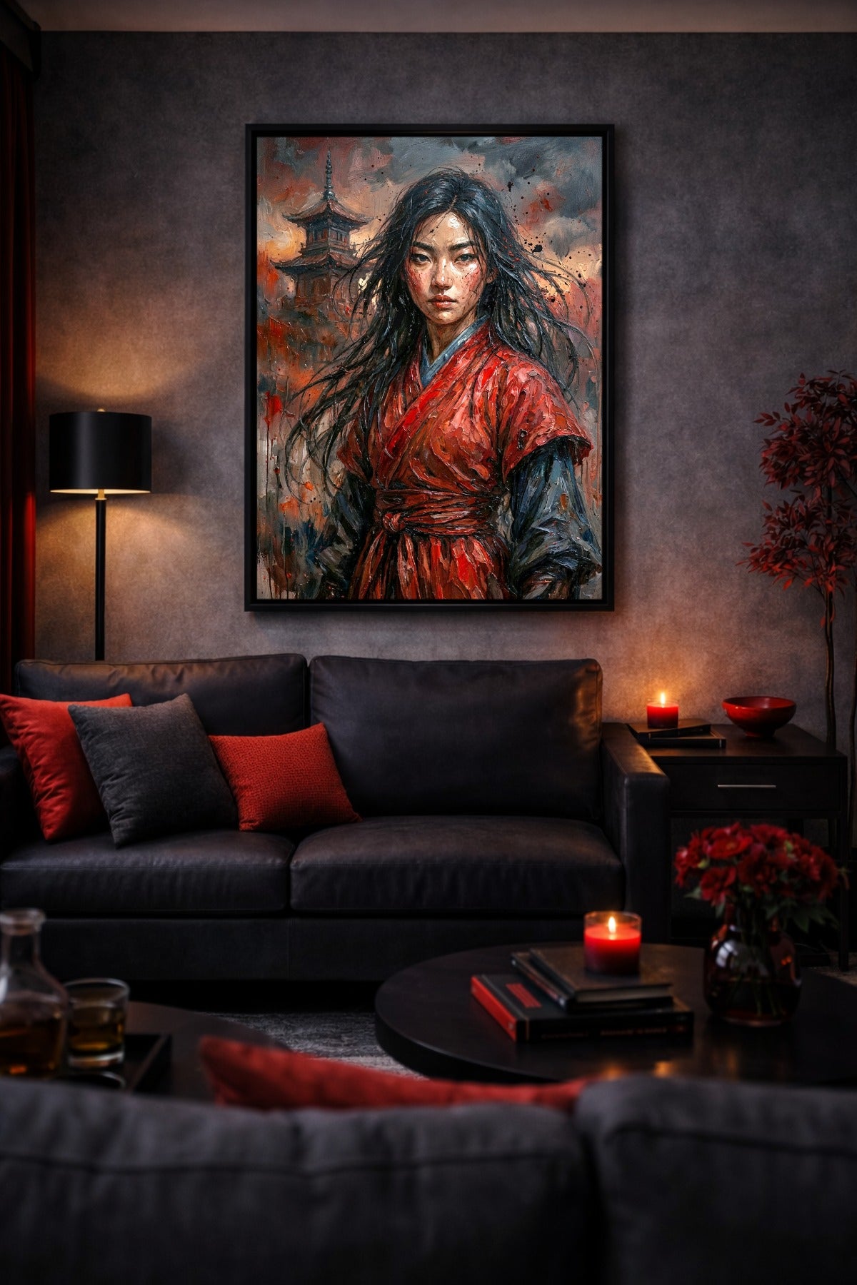 Atmosphärisches Wandbild mit Kriegerin in Rot, langem dunklem Haar und Pagode vor einer intensiven Kulisse aus Rauch, Grau und tiefem Rot. Wohnzimmerdeko