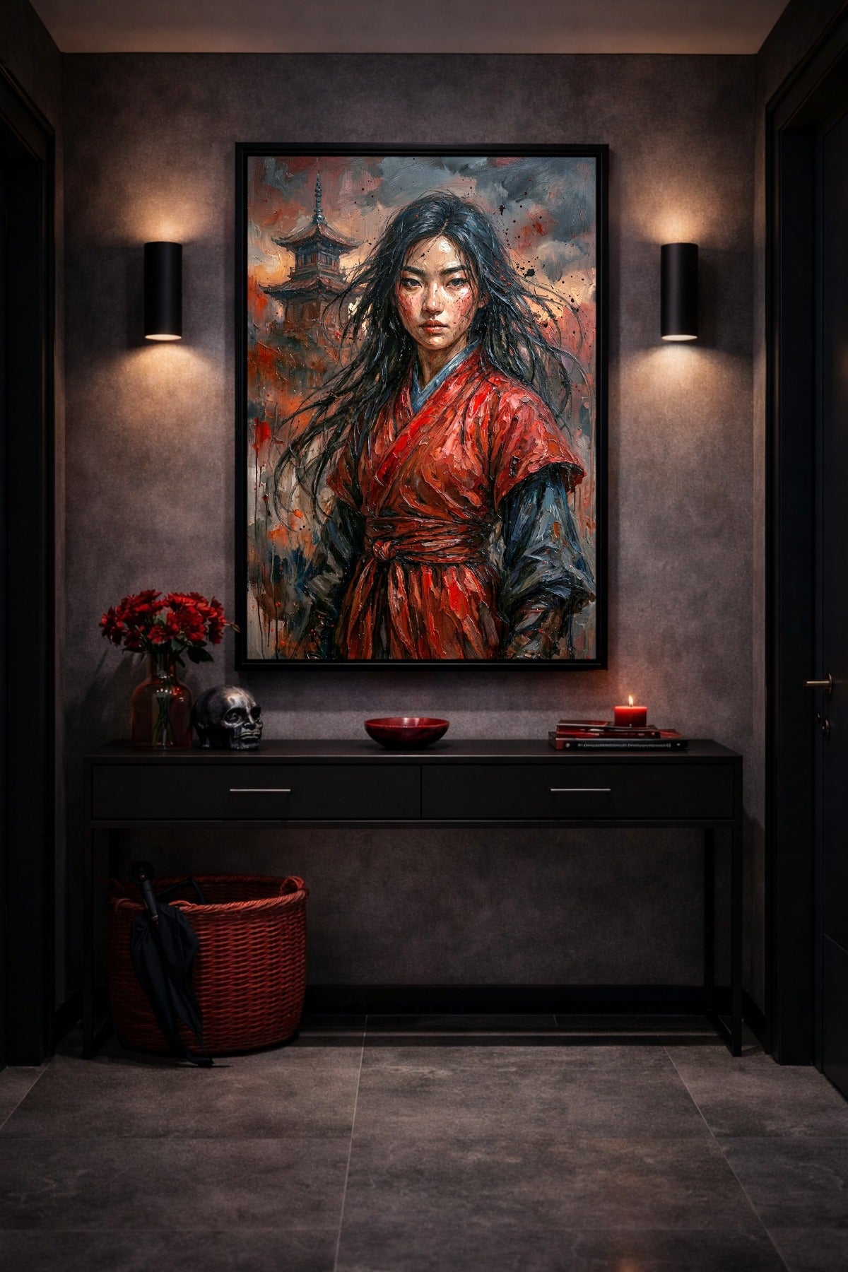 Hochformatiges Poster mit Kriegerin in rotem Gewand und schwarzem Haar vor asiatischer Pagode und dramatischem, rauchigem Himmel. Flurdeko