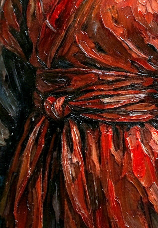 Detailsansicht.Wandbild im Hochformat mit einer Kriegerin in Rot, schwarzem Haar und ernstem Blick vor asiatisch inspirierter Pagode und rauchigem Himmel.