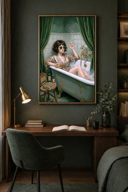 Hochformatiges Poster mit Frau in der Wanne, Sonnenbrille, rauchender Pose und Glas in der Hand vor dunkelgrünem Badezimmer-Vorhang. Büro Deko
