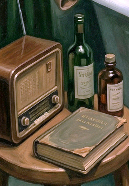 Detailsansicht. Vintage-Badezimmer Poster mit Frau in freistehender Wanne, Sonnenbrille, Zigarette und Drink vor grüner Vorhangkulisse.