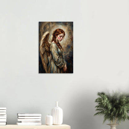 Hochwertiger Kunstdruck eines traurigen Engels mit rotem Haar und hellen Flügeln; weiche Malerei in Goldbeige, Creme und Taubenblau.
