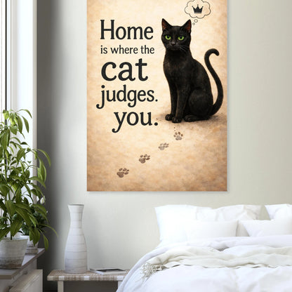 Katzenposter mit schwarzer Katze und Spruch Home is where the cat judges you, humorvolle Wandkunst