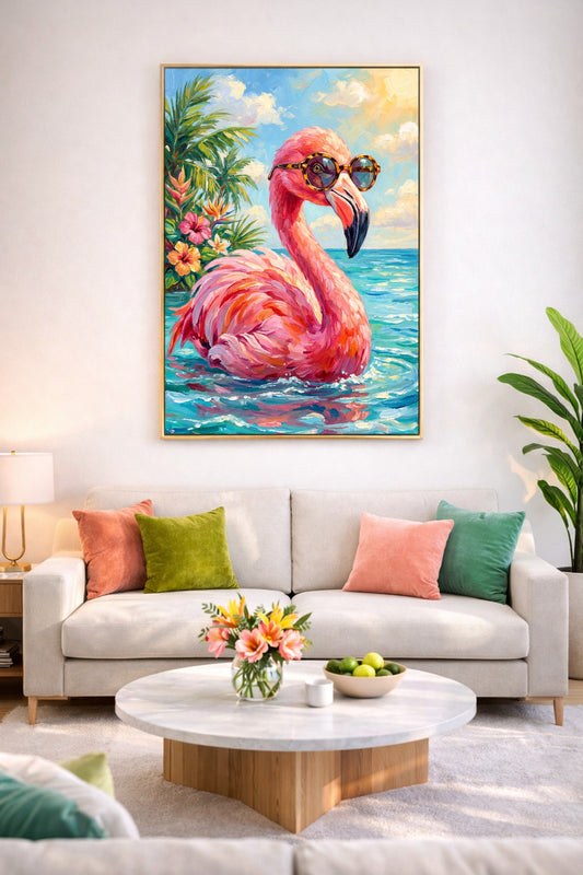 Digitales Flamingo Poster über hellem Sofa mit tropischem Motiv, pinkem Flamingo und türkisblauem Meer
