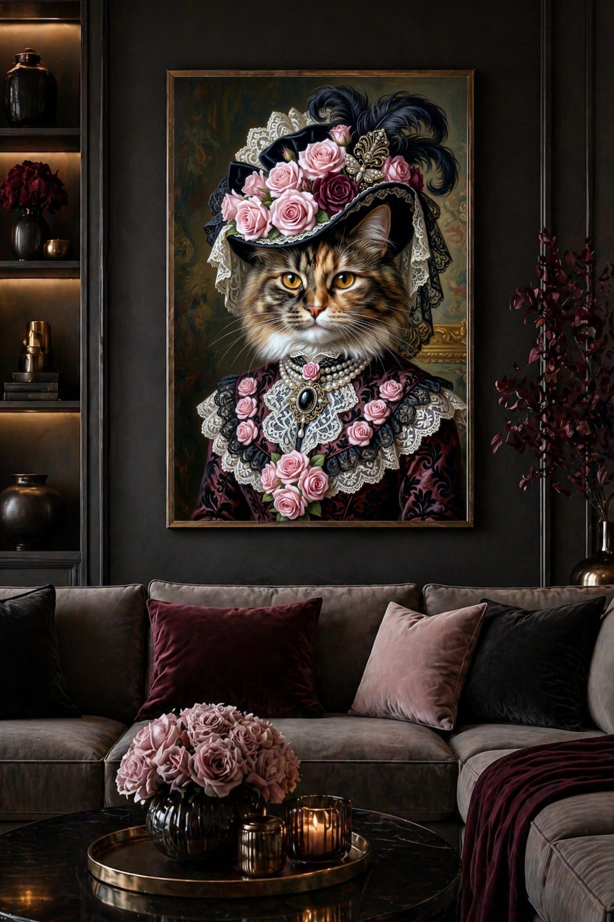 Romantischer Kunstdruck einer langhaarigen Katze mit viktorianischem Rosenhut, feiner Spitze und Perlen in dunklen Rosé- und Schwarztönen. Wohnzimmer Deko