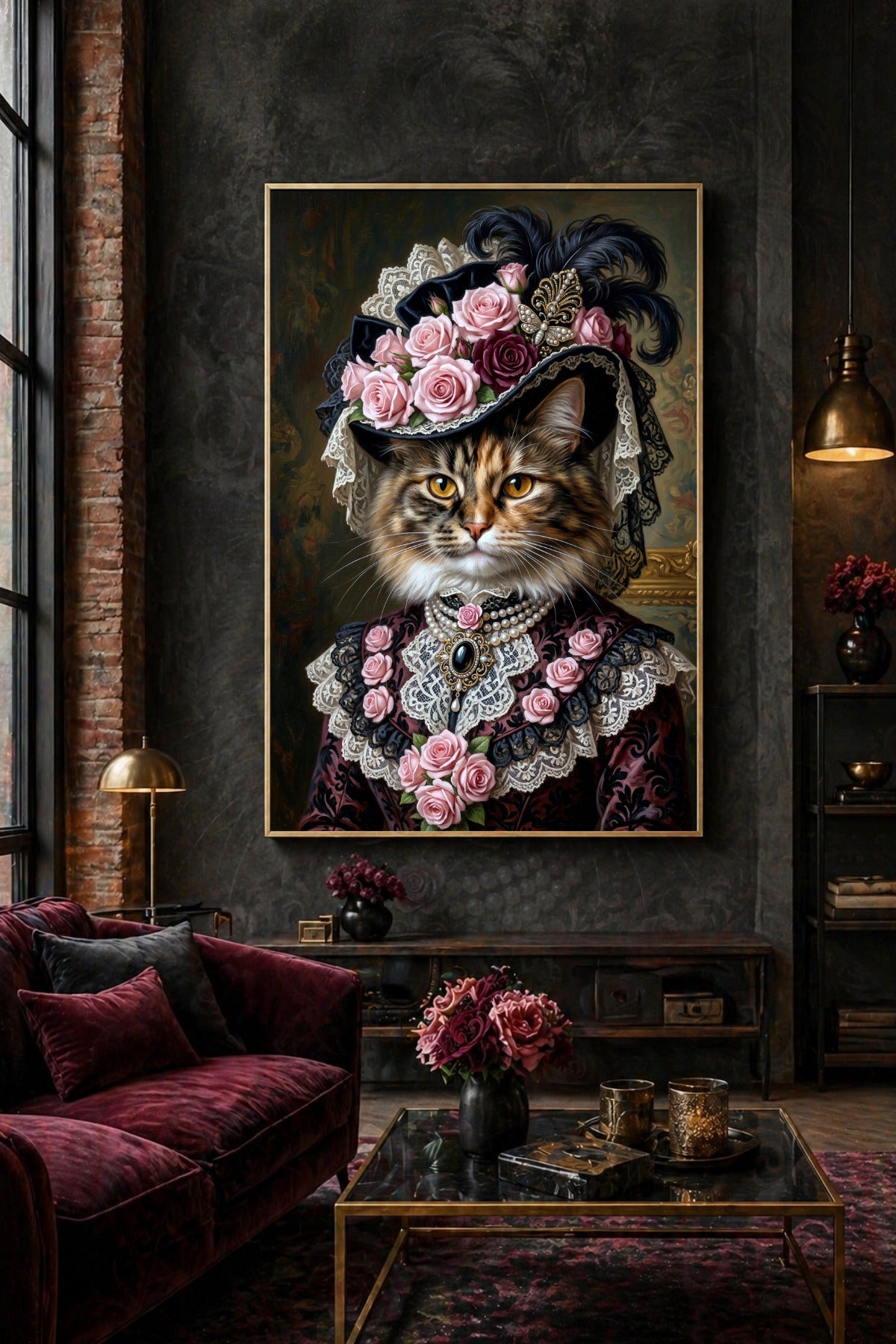 Romantisches Katzenbild mit langhaariger Katze, viktorianischem Blumenhut, Spitzenbesatz und Perlen in dunklen Rosé- und Schwarztönen. Wohnraumdeko
