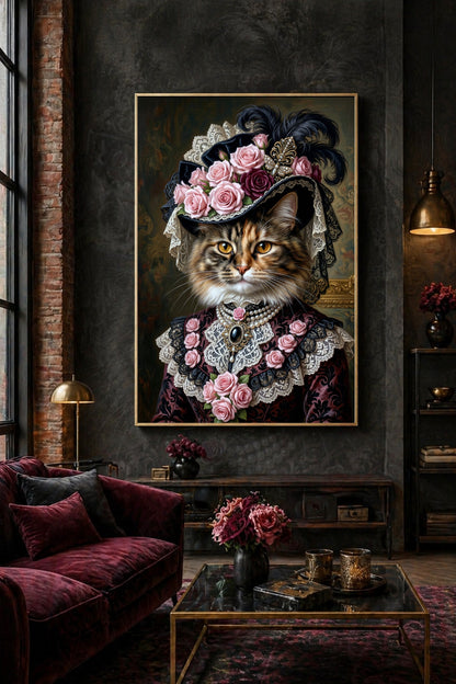 Romantisches Katzenbild mit langhaariger Katze, viktorianischem Blumenhut, Spitzenbesatz und Perlen in dunklen Rosé- und Schwarztönen. Wohnraumdeko