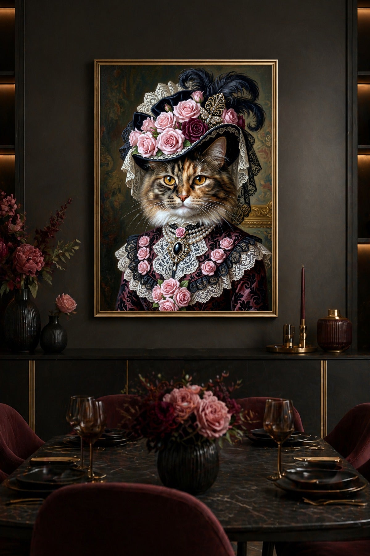Klassisch anmutender Kunstdruck mit langhaariger Katze im viktorianischen Look, geschmückt mit Rosenhut, Spitze und Perlen in Rosé und Schwarz. Esszimmerdeko