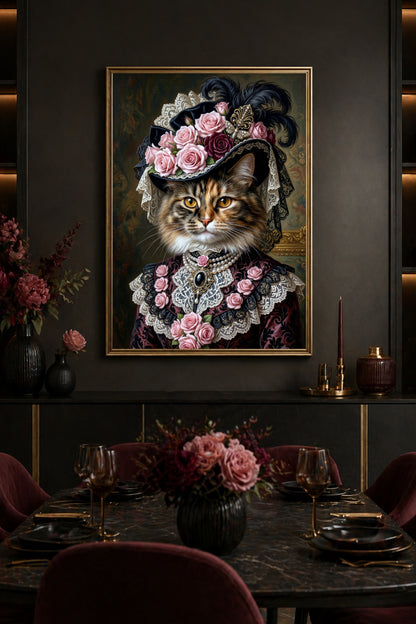 Klassisch anmutender Kunstdruck mit langhaariger Katze im viktorianischen Look, geschmückt mit Rosenhut, Spitze und Perlen in Rosé und Schwarz. Esszimmerdeko