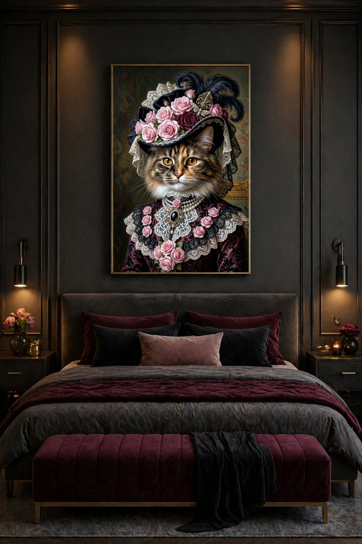 Edles Wandbild einer langhaarigen Katze mit aufwendig verziertem Rosenhut, zarter Spitze und Perlen in dunklem romantischem Farbspiel. Schlafzimmerdeko