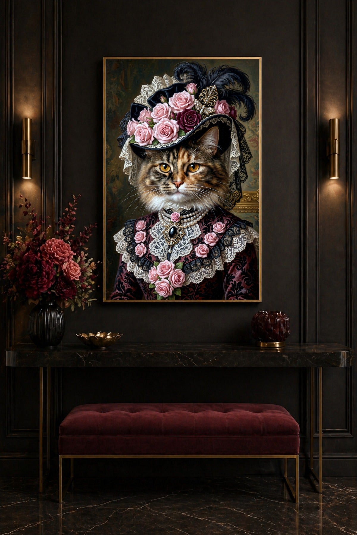 Viktorianisches Katzenporträt mit langhaariger Katze, Rosenhut, Spitze und Perlen in romantischen Rosé- und Schwarztönen als dekorativer Kunstdruck. Flur Deko