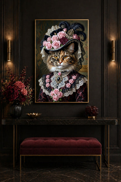 Viktorianisches Katzenporträt mit langhaariger Katze, Rosenhut, Spitze und Perlen in romantischen Rosé- und Schwarztönen als dekorativer Kunstdruck. Flur Deko