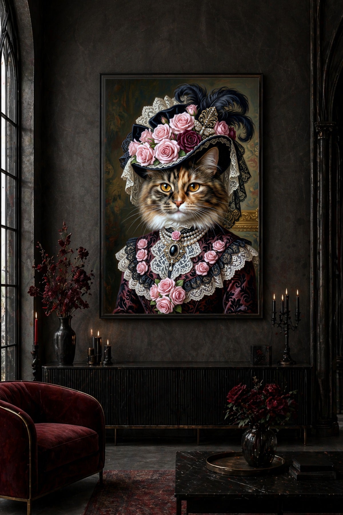 Langhaarige Katze im viktorianischen Stil mit floralem Rosenhut, cremefarbener Spitze und Perlendetails als edler Kunstdruck in dunkler Farbwelt. Stui oder Loft-Deko