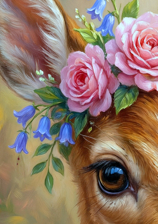 Digitales Portrait eines Rehkitzes mit floralem Blumenkranz in Rosa und Blau vor sanftem Naturhintergrund. Detailsansicht.