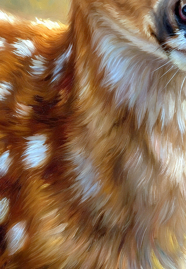 Rehkitz Wandbild als digitales Portrait mit rosa Rosen, blauen Blüten und weicher Hintergrundoptik in Naturtönen. detailsansicht.