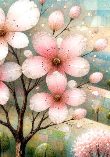 Detailsansicht. Modernes Querformat-Poster mit pastellfarbener Hügellandschaft, rosa Blüten und zarten Bäumen als sanfte Wanddeko für Babyzimmer oder Schlafzimmer.