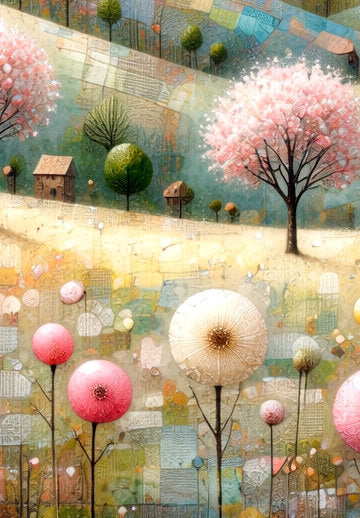 Detailsansicht. Illustriertes Blumenposter im Querformat mit rosa Blüten, weichen Pastelltönen und ruhiger Hügellandschaft für helle Kinderzimmer oder Schlafräume.