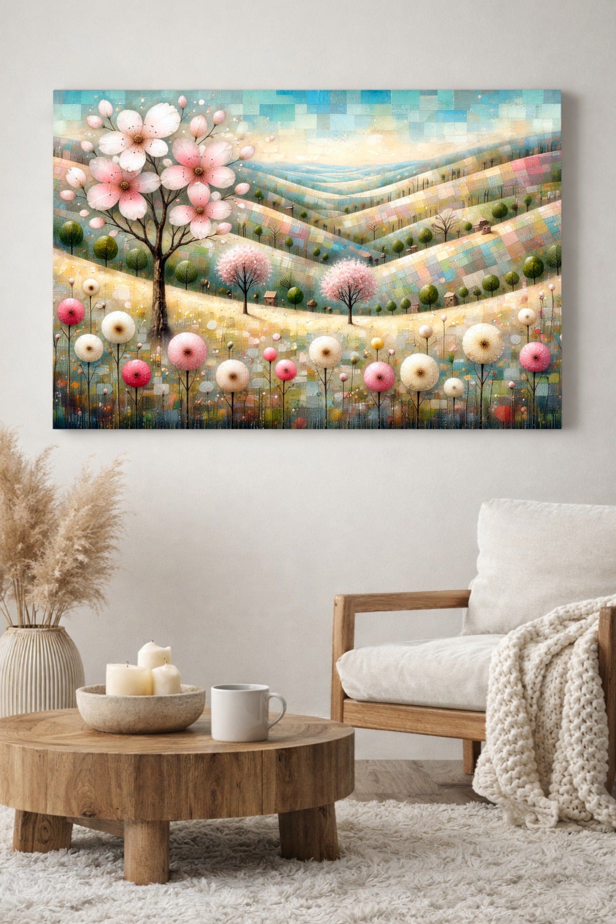 Digitales florales Landschaftsbild in Pastelltönen mit rosa Blütenbaum, sanften Hügeln, kleinen Bäumen und zarten Blumen in ruhiger Frühlingsstimmung.
