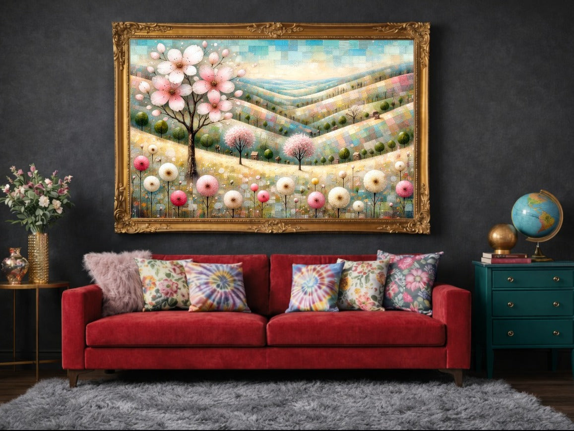 Digitales florales Landschaftsbild in Pastelltönen mit rosa Blütenbaum, sanften Hügeln, kleinen Bäumen und zarten Blumen in ruhiger Frühlingsstimmung.