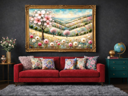 Digitales florales Landschaftsbild in Pastelltönen mit rosa Blütenbaum, sanften Hügeln, kleinen Bäumen und zarten Blumen in ruhiger Frühlingsstimmung.