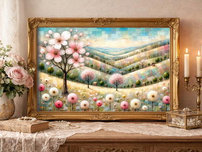Digitales florales Landschaftsbild in Pastelltönen mit rosa Blütenbaum, sanften Hügeln, kleinen Bäumen und zarten Blumen in ruhiger Frühlingsstimmung.