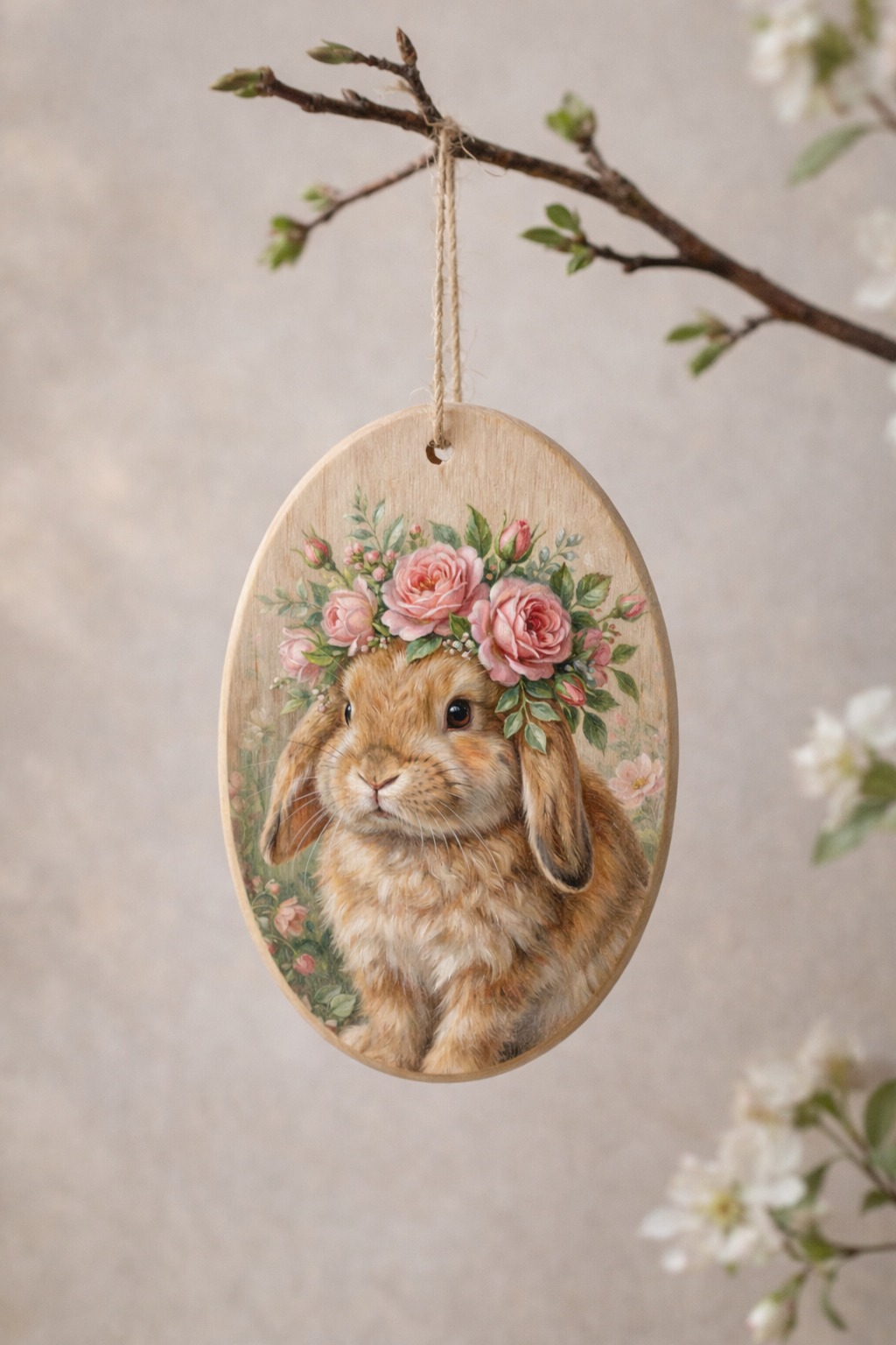 Vintage Hasenillustration mit floralen Details in sanften Naturtönen als digitale Osterdeko zum Ausdrucken für Wandbild oder Geschenkidee.