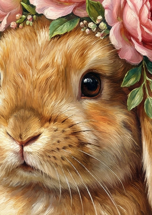 Vintage Hasenillustration mit floralen Details in sanften Naturtönen als digitale Osterdeko zum Ausdrucken für Wandbild oder Geschenkidee.