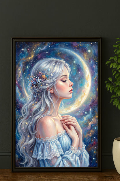 Ätherisches Wandbild einer jungen Frau im Profil mit silbernem Haar, umgeben von einem leuchtenden Mond und Sternen, gestaltet in intensiven blau-violetten Nachtfarben.