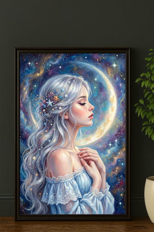 Ätherisches Wandbild einer jungen Frau im Profil mit silbernem Haar, umgeben von einem leuchtenden Mond und Sternen, gestaltet in intensiven blau-violetten Nachtfarben.
