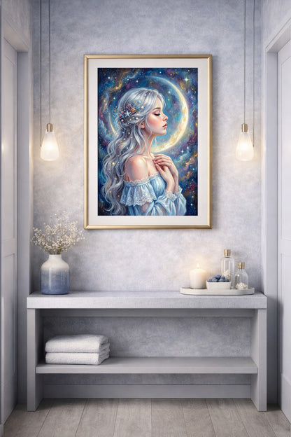 Gedrucktes Fantasy-Poster mit Mädchenprofil vor strahlender Mondsichel in romantischer Gestaltung mit Blau-, Weiß- und Goldtönen. Schöne Deko für den Flur