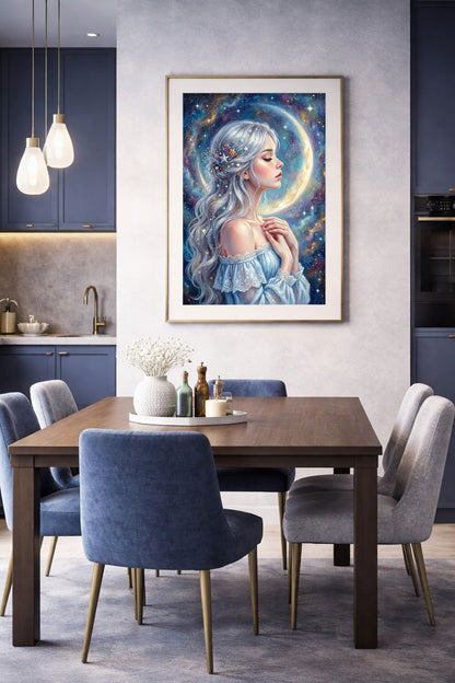 Romantisches Poster mit einem Mädchen im Seitenprofil vor leuchtendem Mondbogen in ruhiger Farbkomposition aus Blau, Weiß und Gold. Poster für das Esszimmer