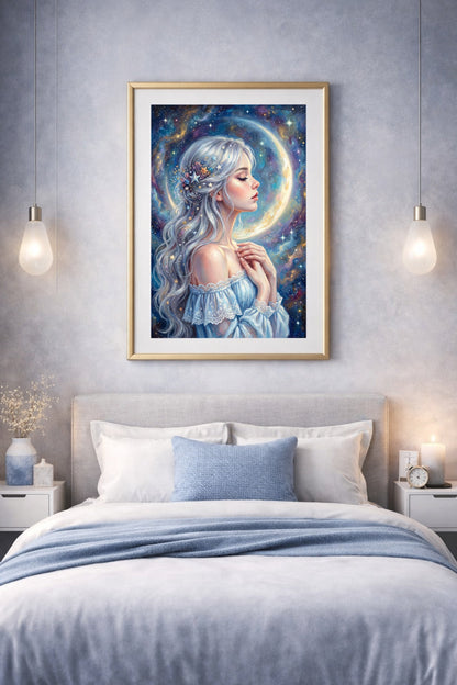 Gedrucktes Wandbild mit verträumtem Mädchen vor einer hellen Mondsichel in spiritueller Bildsprache mit Blau, Weiß und Gold. Schlafzimmerdeko