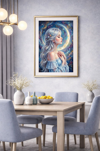 Digitales Frauenportrait im Profil mit silbernem Haar, umgeben von Mondlicht und Sternen in einer nächtlichen Farbwelt aus Blau und Violett. Bild hängt gerahmt in einem Esszimmer.