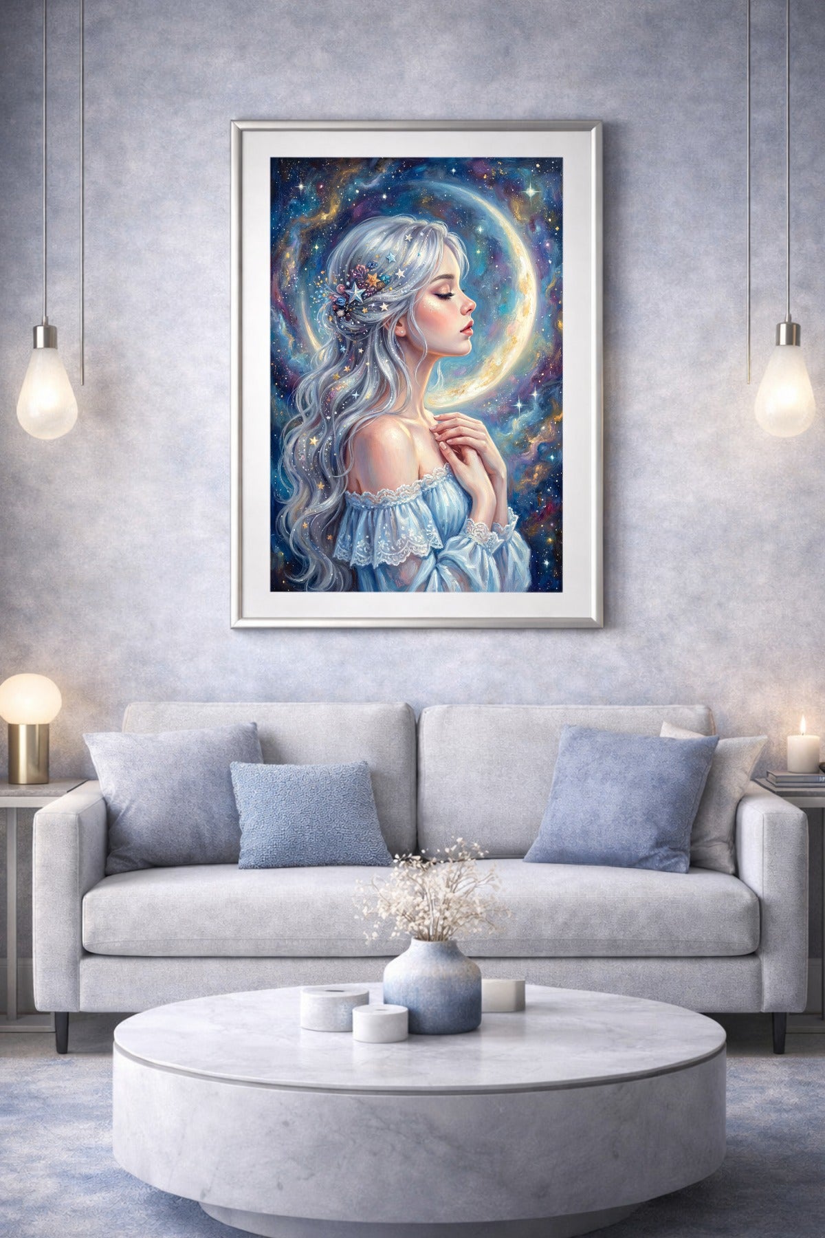 Gedrucktes Kunstposter mit stiller Mädchenfigur vor Mondsichel in Blau, Weiß und Gold, romantisch und spirituell inszeniert. Poster für das Wohnzimmer.