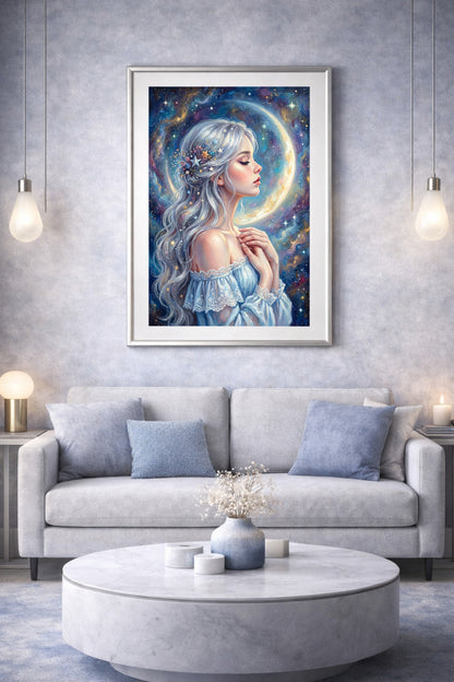 Gedrucktes Kunstposter mit stiller Mädchenfigur vor Mondsichel in Blau, Weiß und Gold, romantisch und spirituell inszeniert. Poster für das Wohnzimmer.