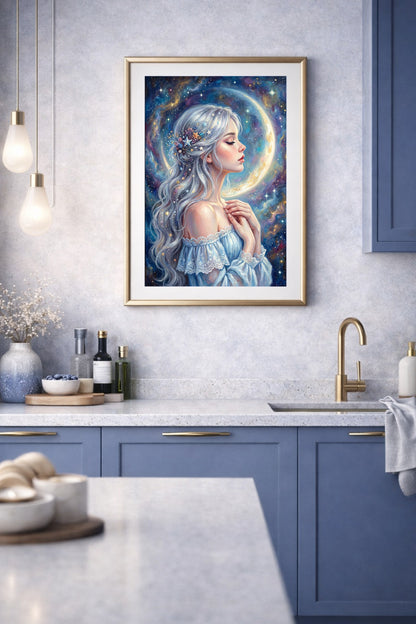 Atmosphärisches digitales Wandbild mit silberhaariger Frau im Profil, hellem Mond und Sternen vor tiefen Blau- und Lilatönen. Das Poster ist gerahmt und hängt in einer Küche an der Wand.