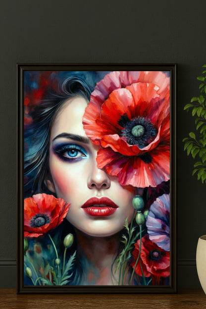 Modernes digitales Frauenportrait mit roten Blüten, blau geschminktem Auge, roten Lippen und dunklem Hintergrund als florales Wandbild im Hochformat.
