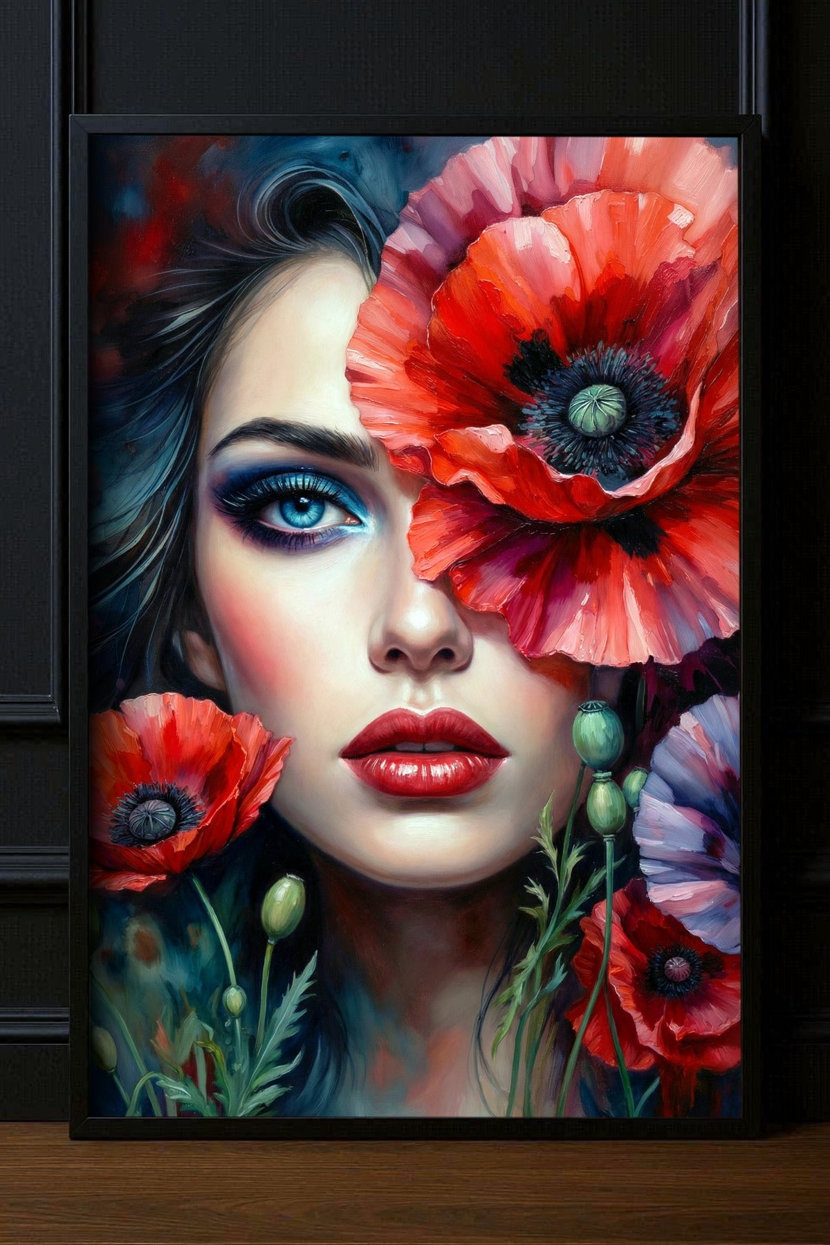 Frauenporträt Poster mit roten Mohnblumen, blauen Augen und dunklem Hintergrund als moderne Wanddeko.