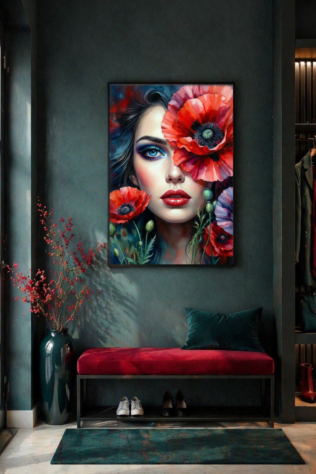 Modernes Wandbild mit Frauenporträt, kräftig roten Mohnblumen, blauen Augen und tiefem Hintergrund in Blau, Schwarz und Rot.