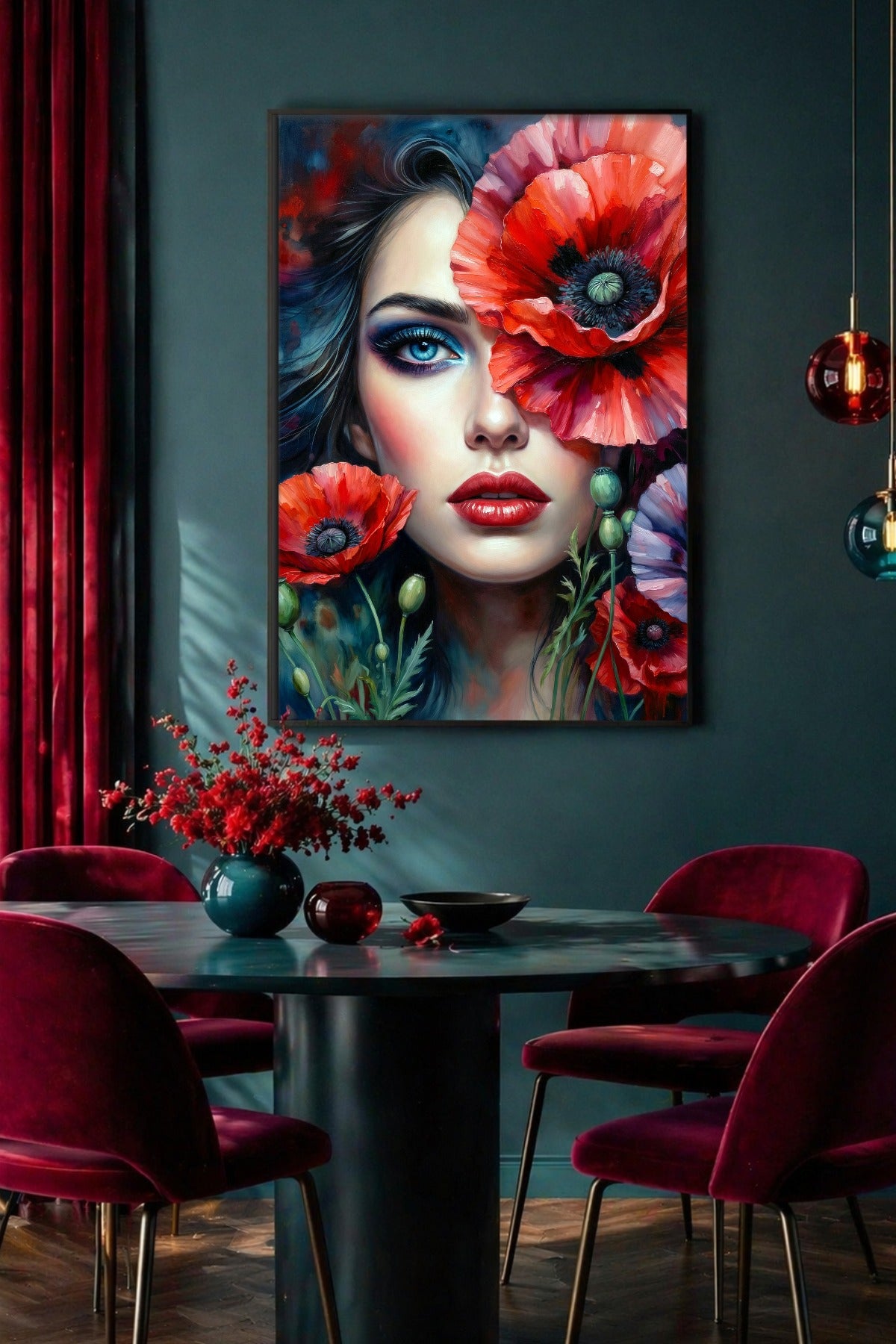 Modernes digitales Wandbild im Hochformat mit Frauenportrait, roten Blüten, leuchtend blauem Auge, roten Lippen und dunkler Farbwelt.