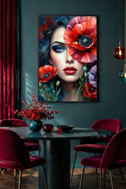 Modernes digitales Wandbild im Hochformat mit Frauenportrait, roten Blüten, leuchtend blauem Auge, roten Lippen und dunkler Farbwelt.