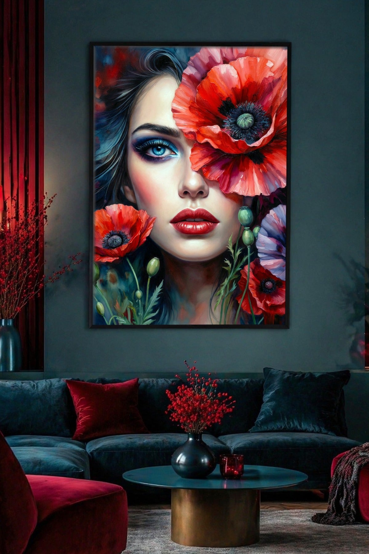 Ausdrucksstarkes Frauenportrait im Hochformat mit roten Blüten, blau geschminktem Auge, roten Lippen und dunklem Hintergrund als florales Kunstmotiv.
