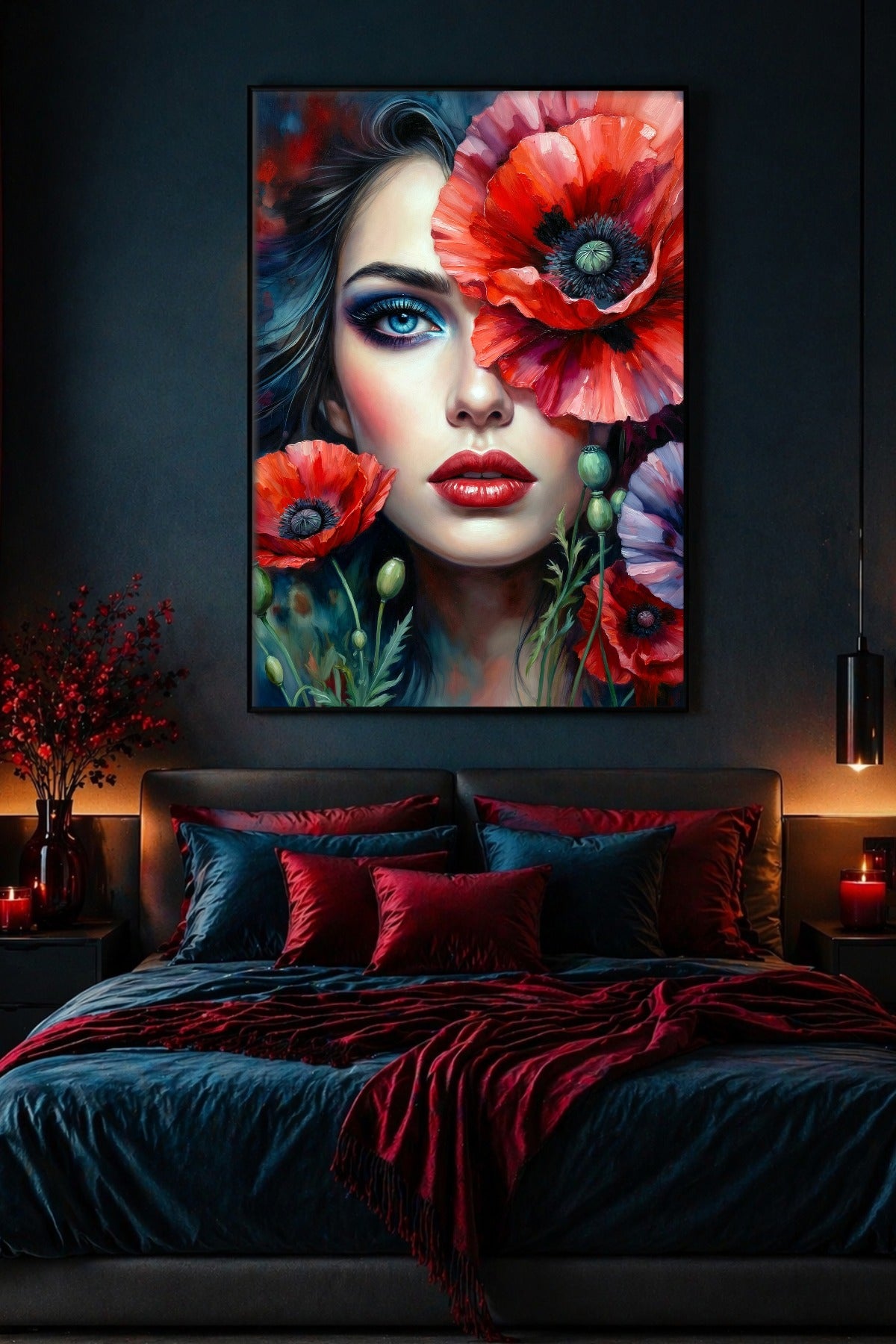 Digitales florales Frauenportrait mit roten Blüten, intensiv blauem Auge, roten Lippen und dunklem Hintergrund im modernen Hochformat.
