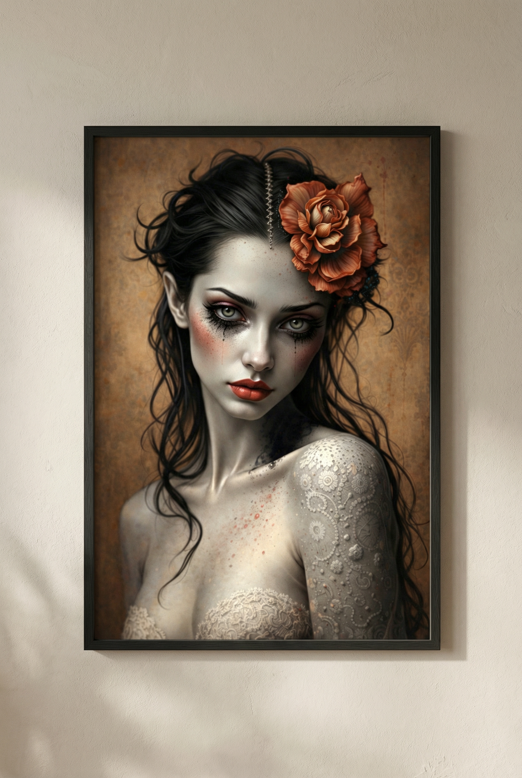 Gothic Frauenporträt als Premium Poster auf mattem Papier, dunkle romantische Illustration mit Blume im Haar