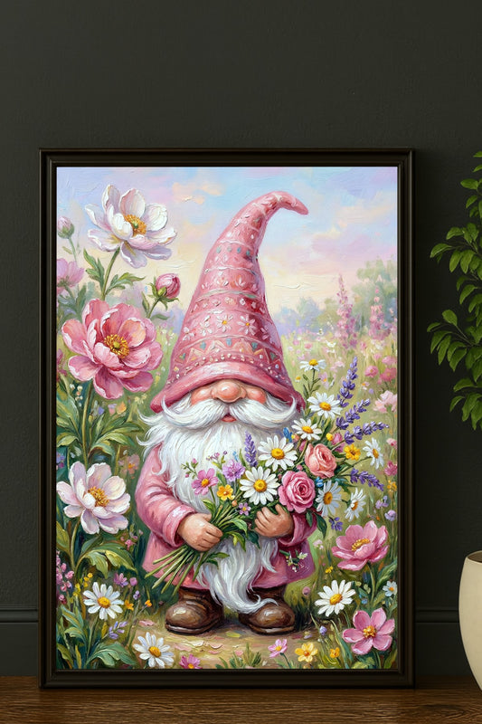 Frühlingsgnom als Digitalbild mit rosa Hut, weißem Bart und buntem Blumenstrauß in einer hellen Blumenwiese im malerischen Stil.