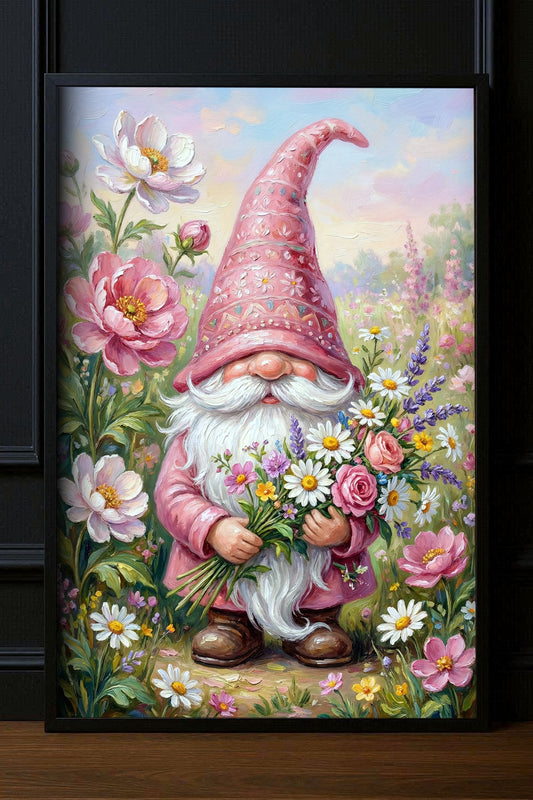 Digitales Poster mit Frühlingsgnom, rosa Mütze und buntem Blumenstrauß in einem großen schwarzen Rahmen