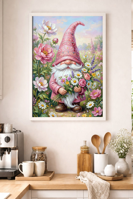 Frühlingsgnom Poster mit Blumenwiese und pastelligen Blüten als freundliches Wandbild in einer hellen Küche