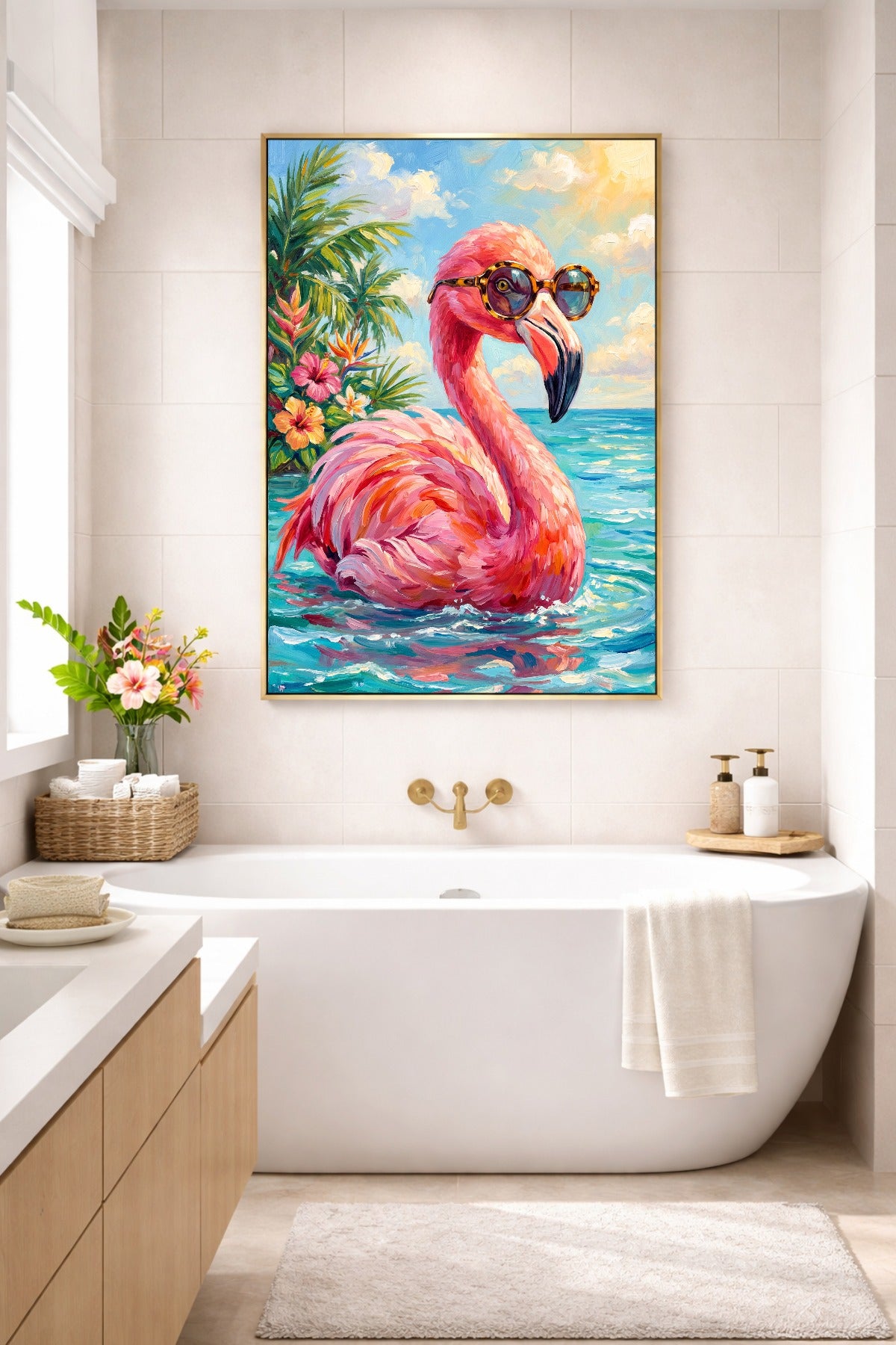 Pinkes Flamingo Poster als Wandbild im hellen Badezimmer über Badewanne mit tropischer Sommeroptik